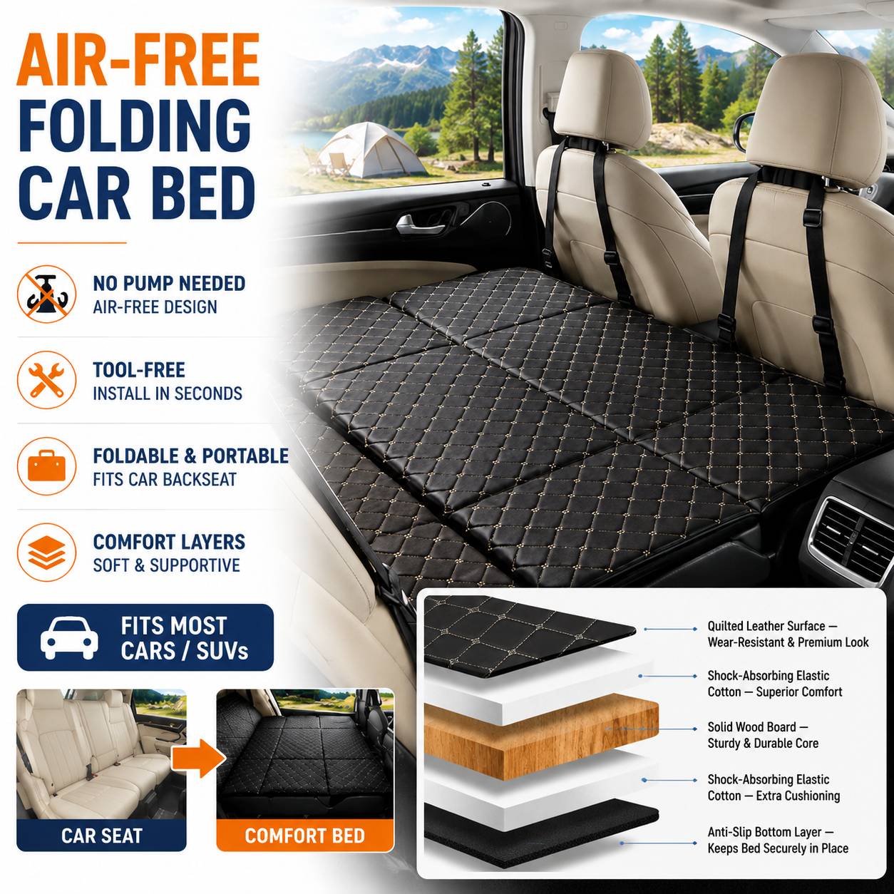 Outdoor Camping Mattress - Foldable Car Backseat Bed No Inflation